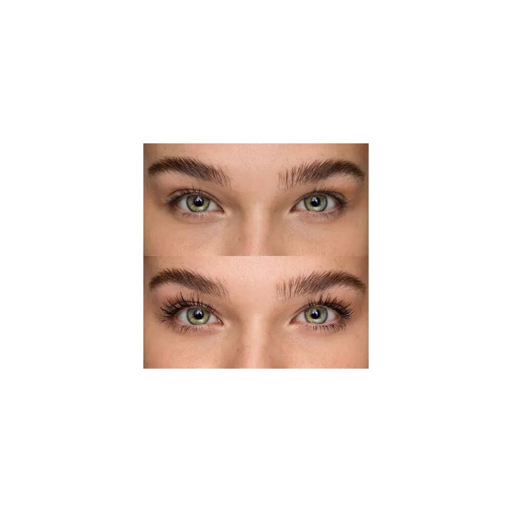 Deux paires d'yeux. En haut : yeux sans mascara. En bas : yeux avec mascara.