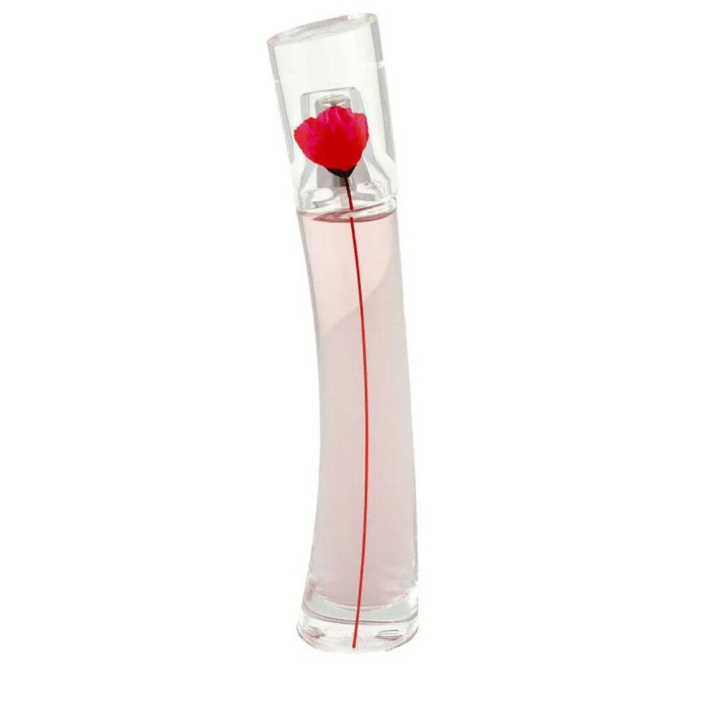Flacon de parfum avec fleur rouge et liquide rose. Le flacon est légèrement incurvé et possède un bouchon transparent.