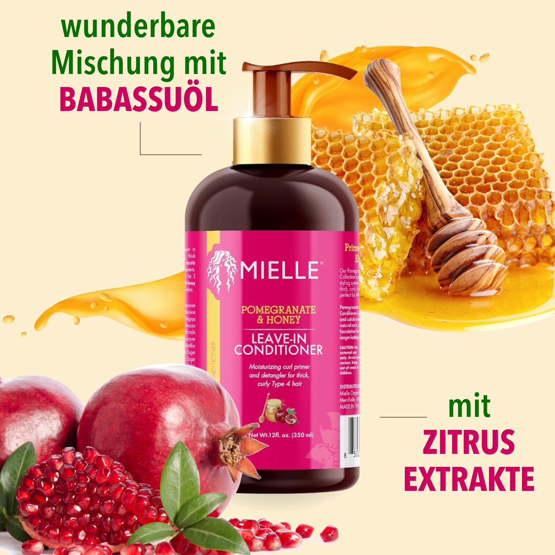 Mielle Organics Leave-in Conditioner. Flacon avec pompe. Pomegranate & Honey. Avec grenade et miel.