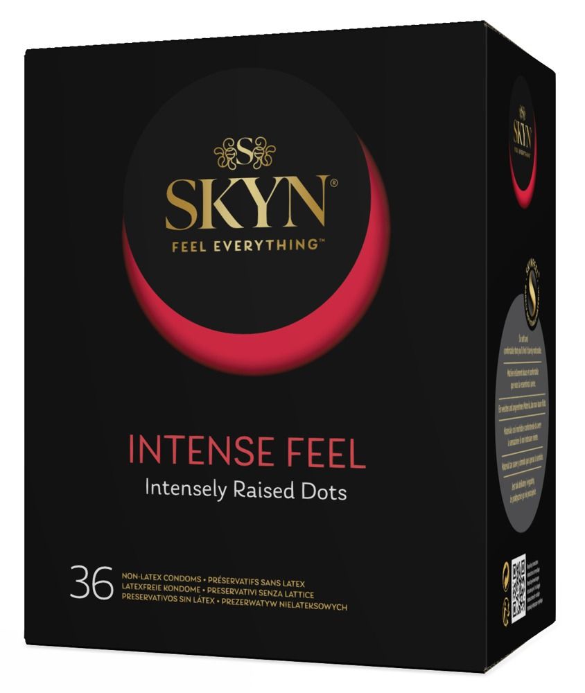 Boîte noire SKYN INTENSE FEEL, 36 unités. Logo et nom du produit. Texte multilingue.