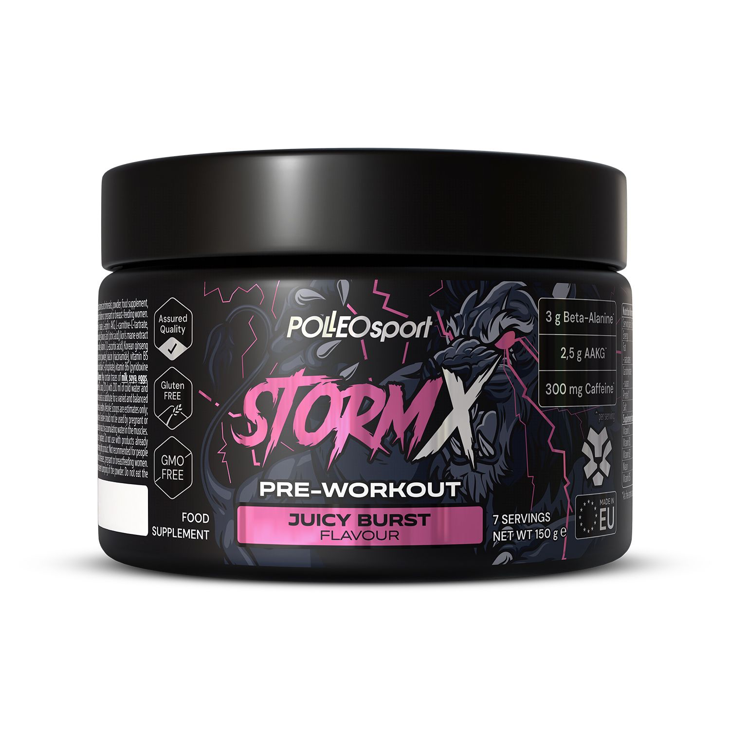 Zwarte pot "STORMX PRE-WORKOUT". Smaak "JUICY BURST". Bevat 7 porties. Zichtbare logo's en certificeringen. Netto gewicht 150g.