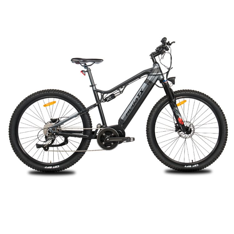 Elektrische mountainbike HedaTX TX11, zwart, middenmotor, 48V 15Ah accu. Zwarte banden, zadel en stuur.