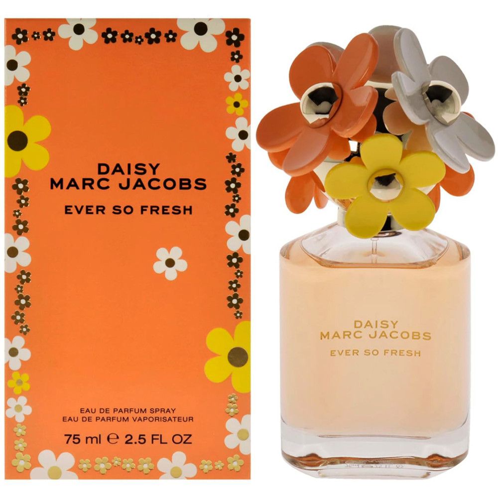 Parfumfles en doos. Fles met kleurrijke bloemen. Opschrift: Daisy Marc Jacobs Ever so Fresh. Oranje doos met bloemen.