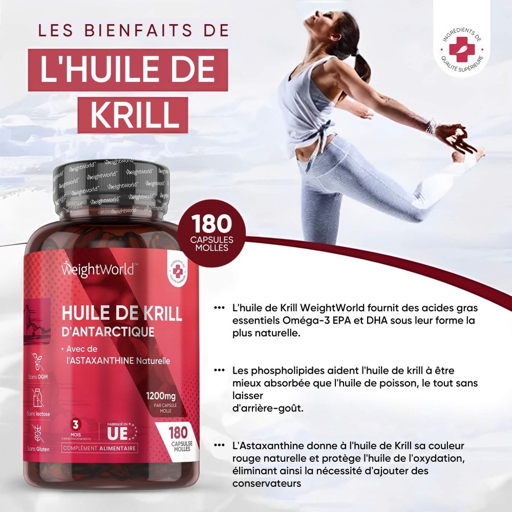 Flacon d'huile de krill antarctique et femme qui s'étire. Texte : Avantages de l'huile de krill. 180 gélules.