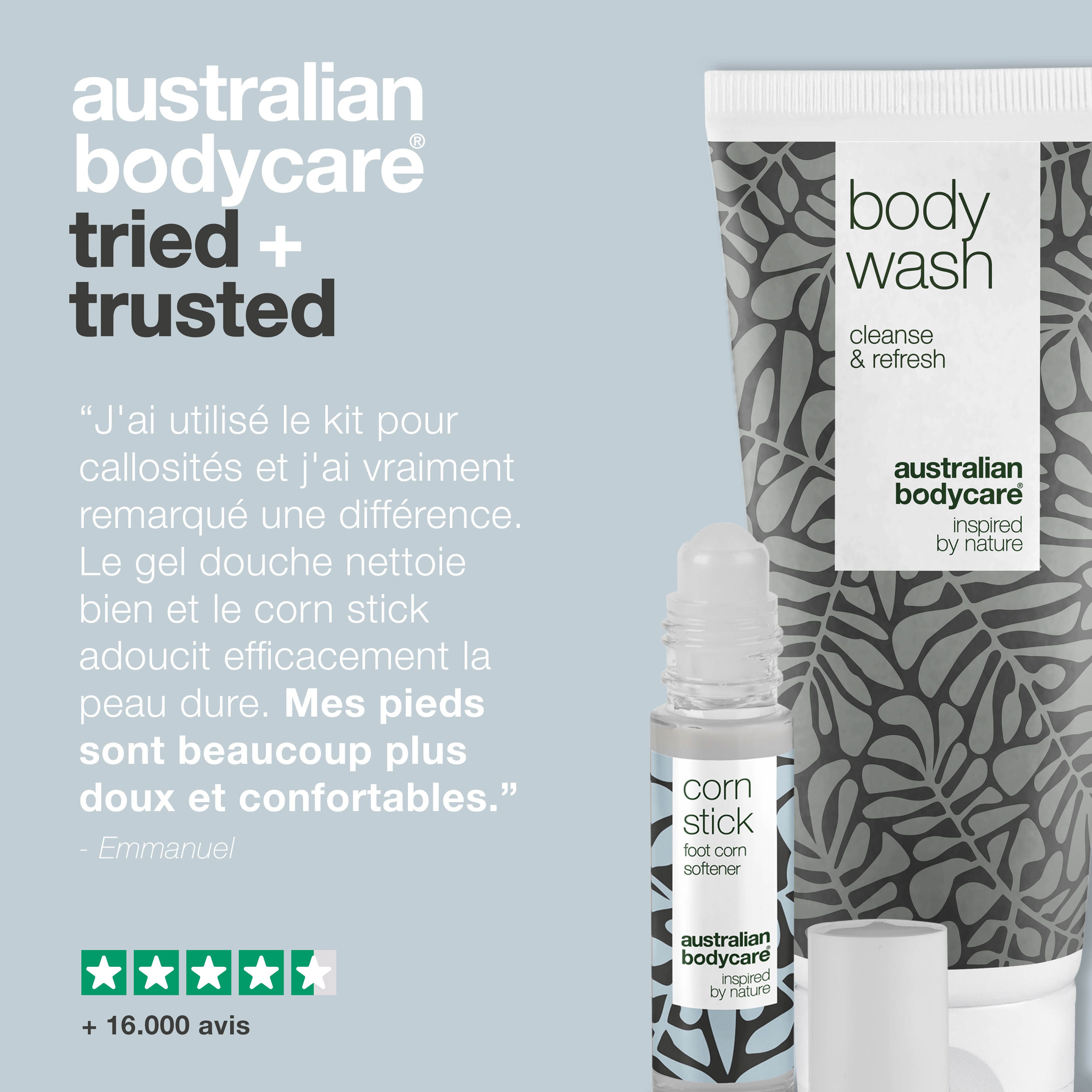 Tube, roll-on. Inscriptions : Body Wash, Corn Stick. Marque : Australian Bodycare.