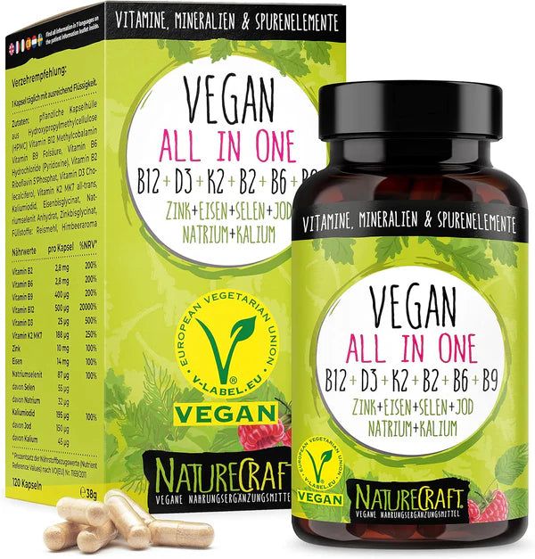 Complément alimentaire NatureCraft Vegan All-In-One. Flacon en verre brun avec gélules et emballage. Contient vitamines et minéraux.
