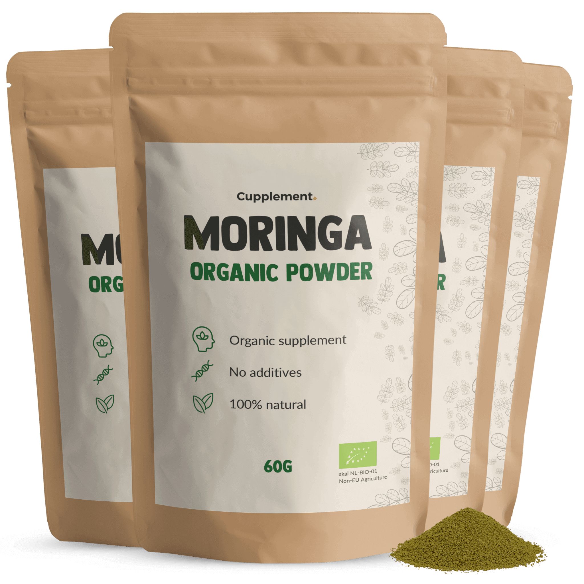 Plusieurs sachets de Cupplement Moringa BIO. Sachets bruns avec étiquette blanche. 60g. Certification bio.