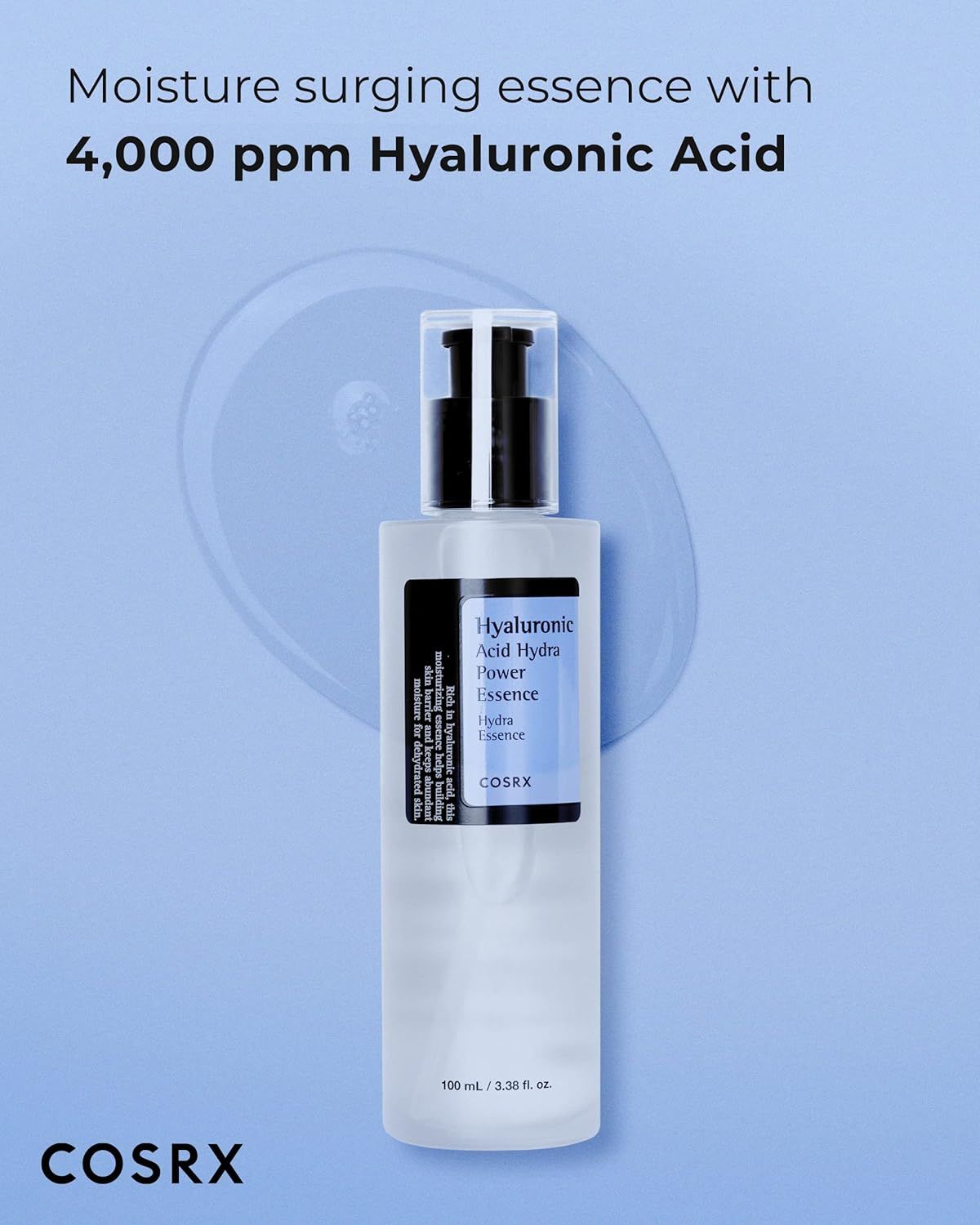 Flacon de produit avec texte: Hyaluronic Acid Hydra Power Essence. Sur fond bleu avec texte: 4 000 ppm Acide Hyaluronique.