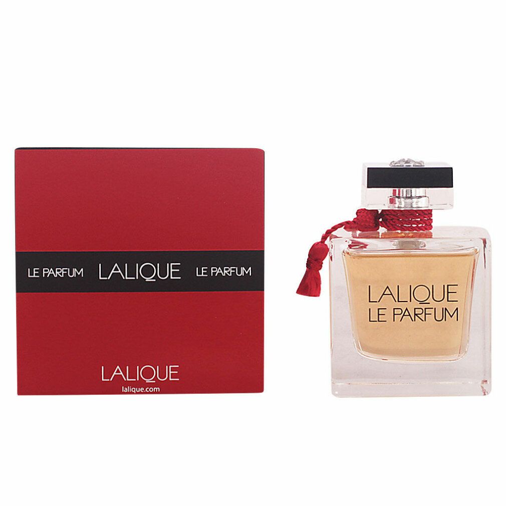 Flacon en verre avec liquide doré et emballage rouge. Inscription : LALIQUE LE PARFUM. Boîte rouge.