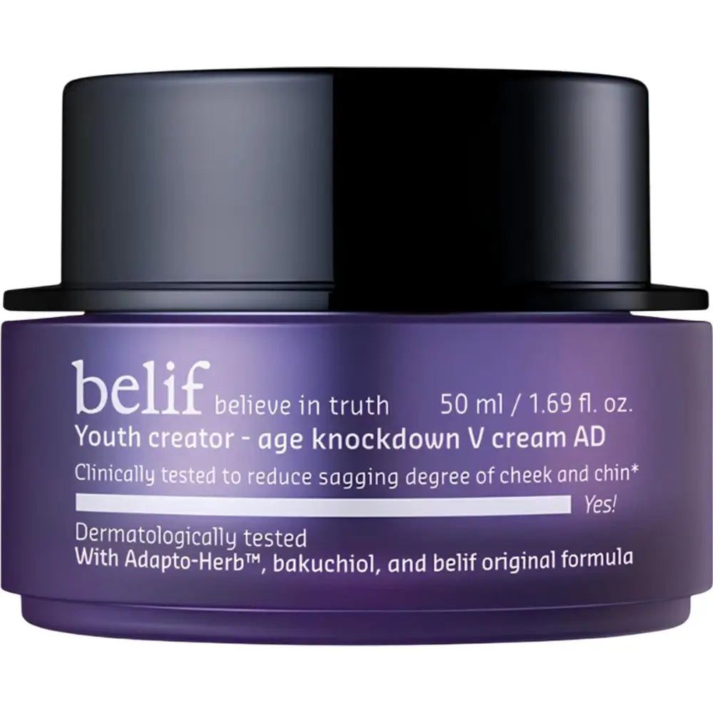 Belif Youth Creator Age Knockdown V Cream in een paarse pot met zwart deksel, vooraanzicht.