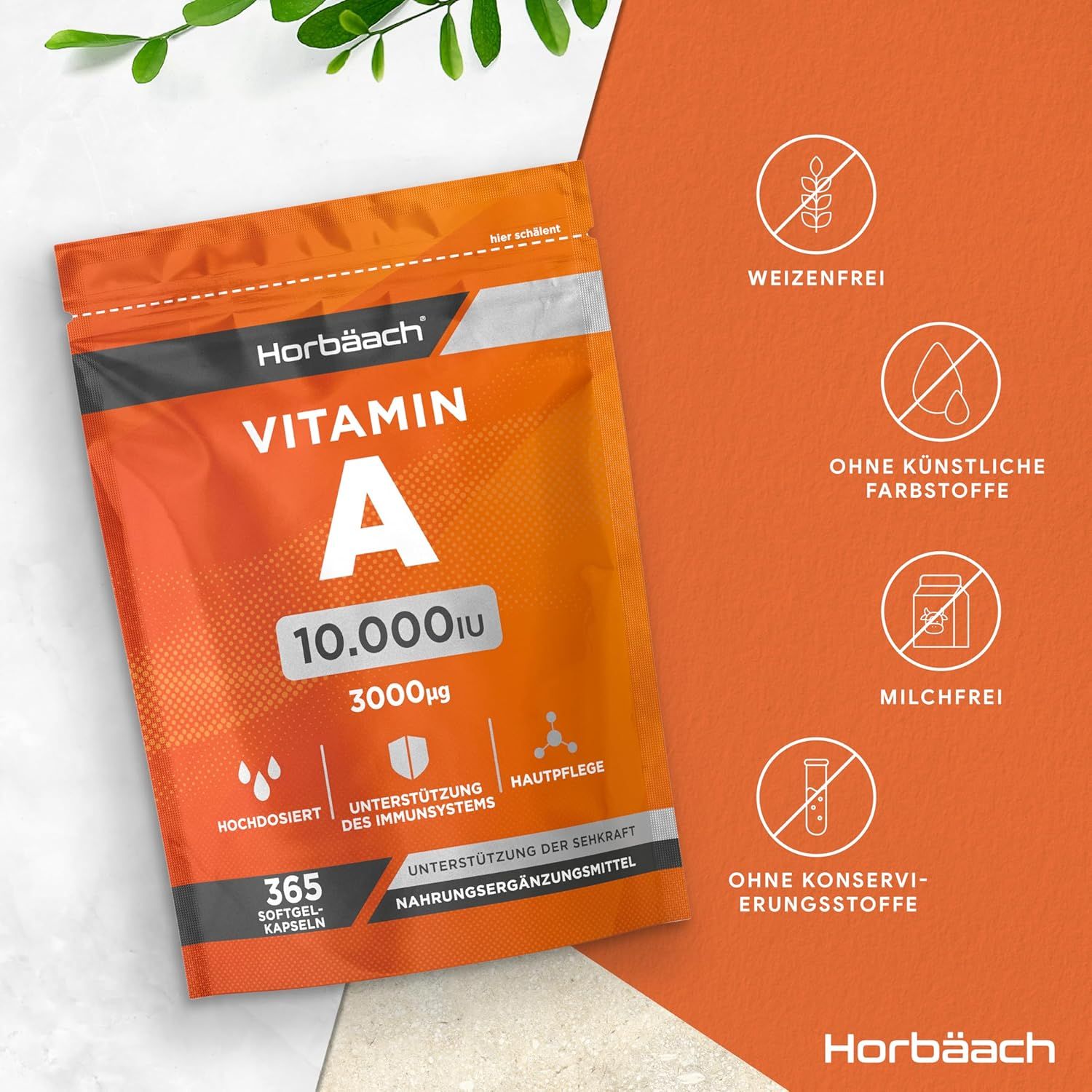 Oranje verpakking met vitamine A 10.000 IE capsules. Tekst: Hoog gedoseerd, ondersteuning immuunsysteem, huidverzorging, 365 softgel capsules. Vrij van...