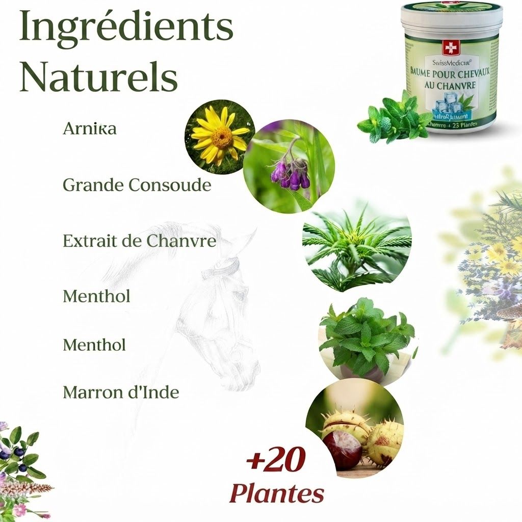 Aperçu des ingrédients naturels avec images d'arnica, consoude, chanvre, menthe et marron d'Inde.
