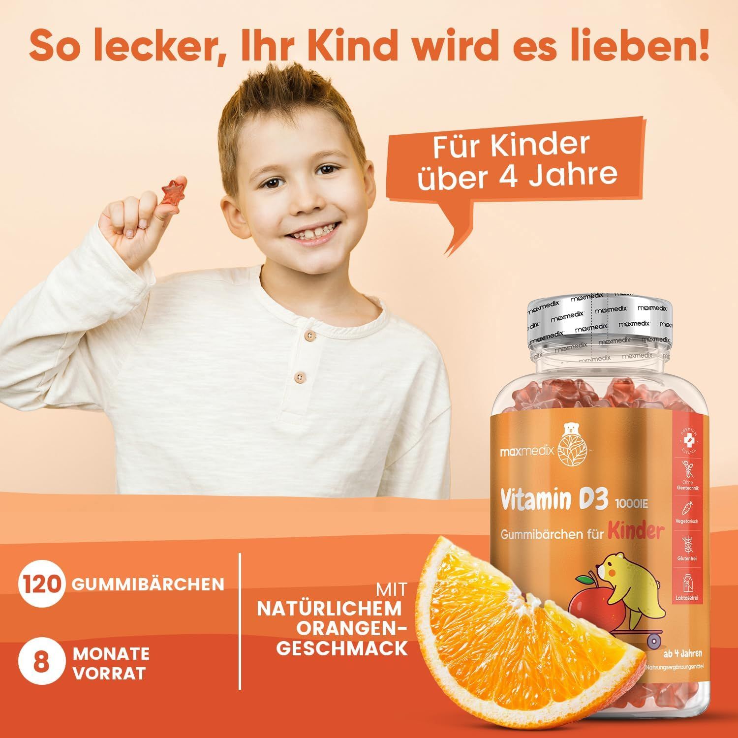Enfant tenant un bonbon gélifié. Flacon de gummies Vitamine D3, 120 pièces. Texte : maxmedix, 8 mois d'approvisionnement, plus de 4 ans.