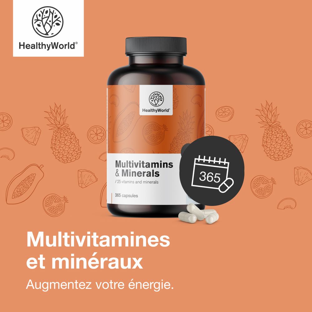 Flacon de multivitamines et minéraux. 365 gélules. Logo : HealthyWorld. Inscription : Augmentez votre énergie. Avec icône calendrier.