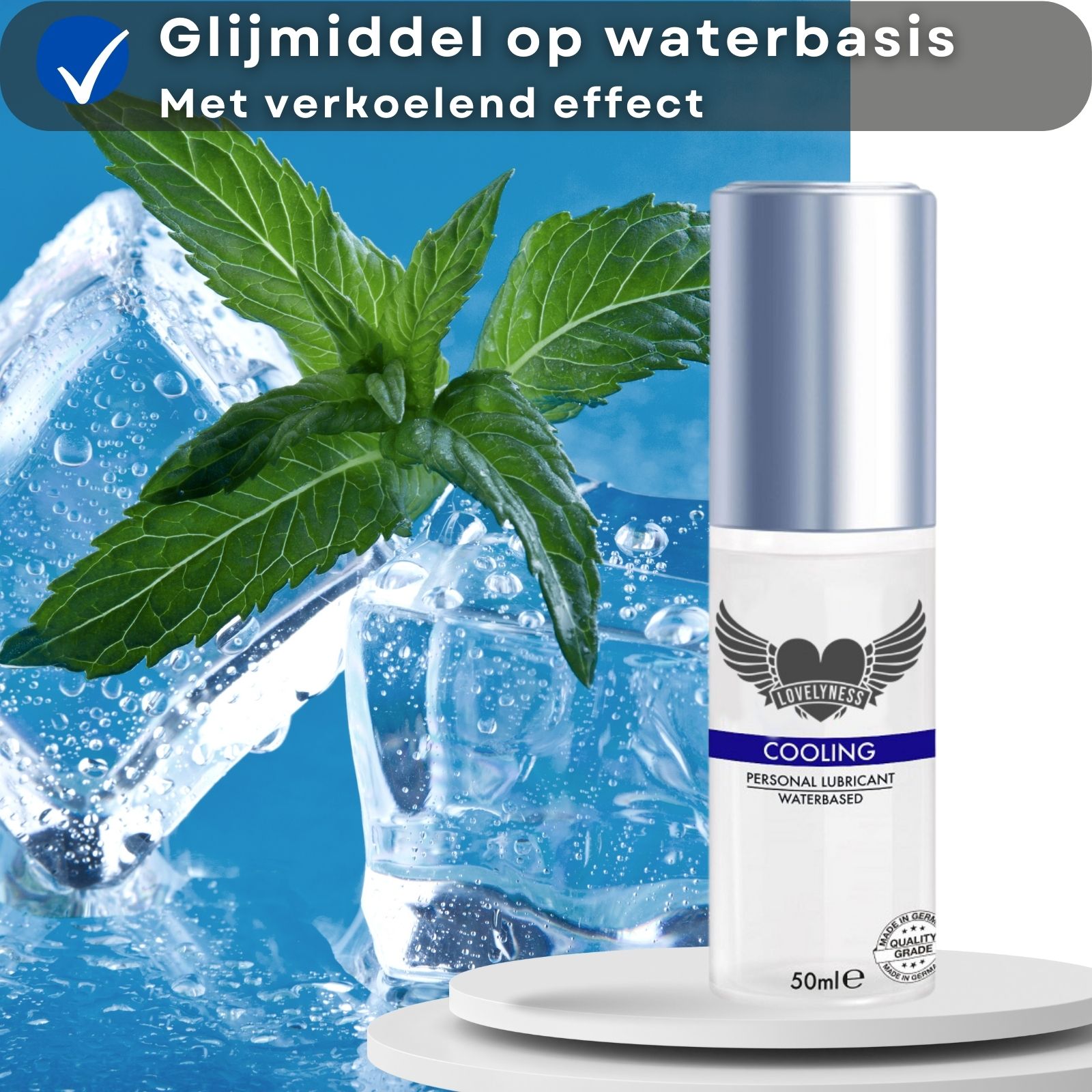 Glijmiddel fles met tekst en logo. Munt en ijsblokjes. Tekst: Glijmiddel op waterbasis, met verkoelend effect.