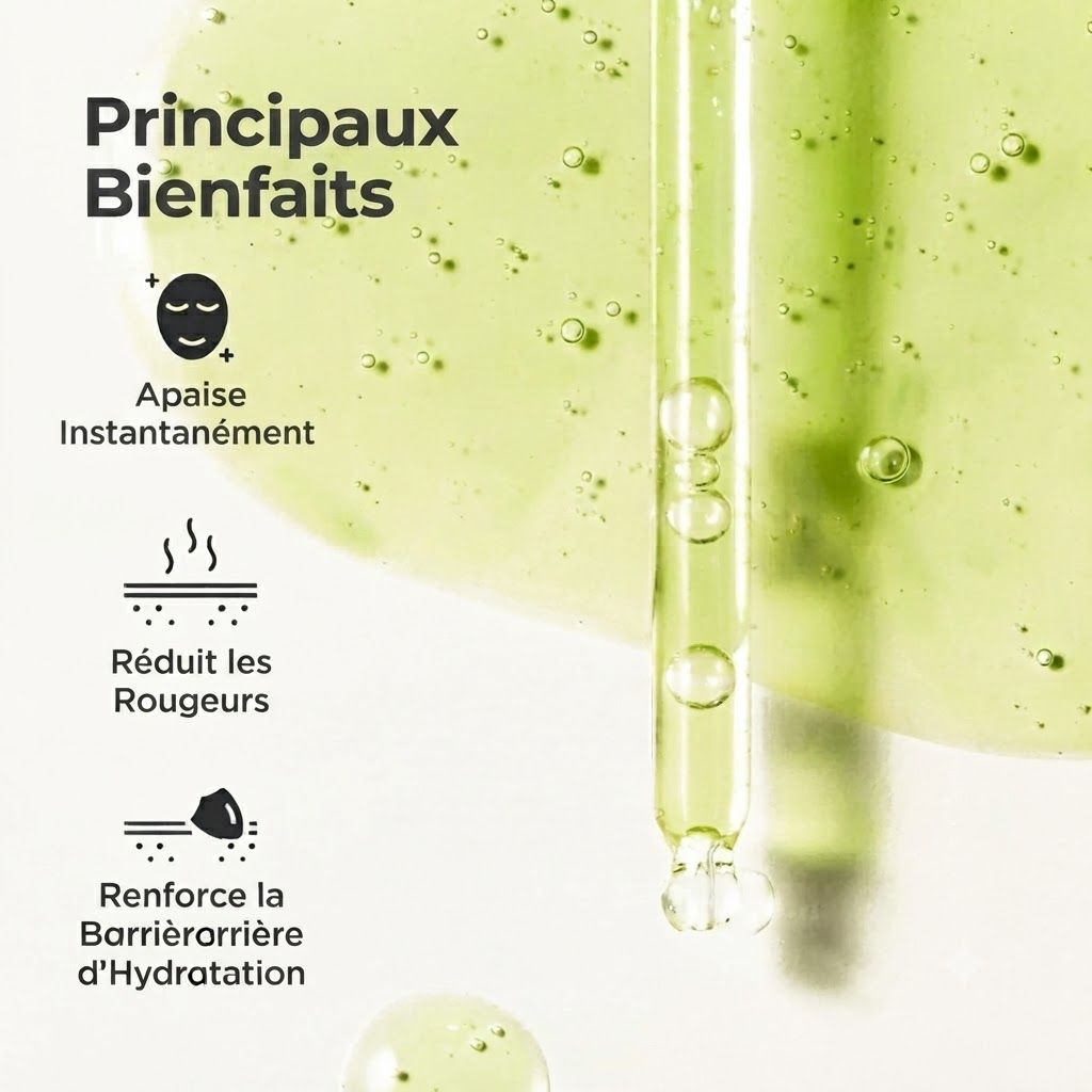 Pipette avec sérum vert, montrant les avantages : apaise instantanément, réduit les rougeurs, renforce l'hydratation.