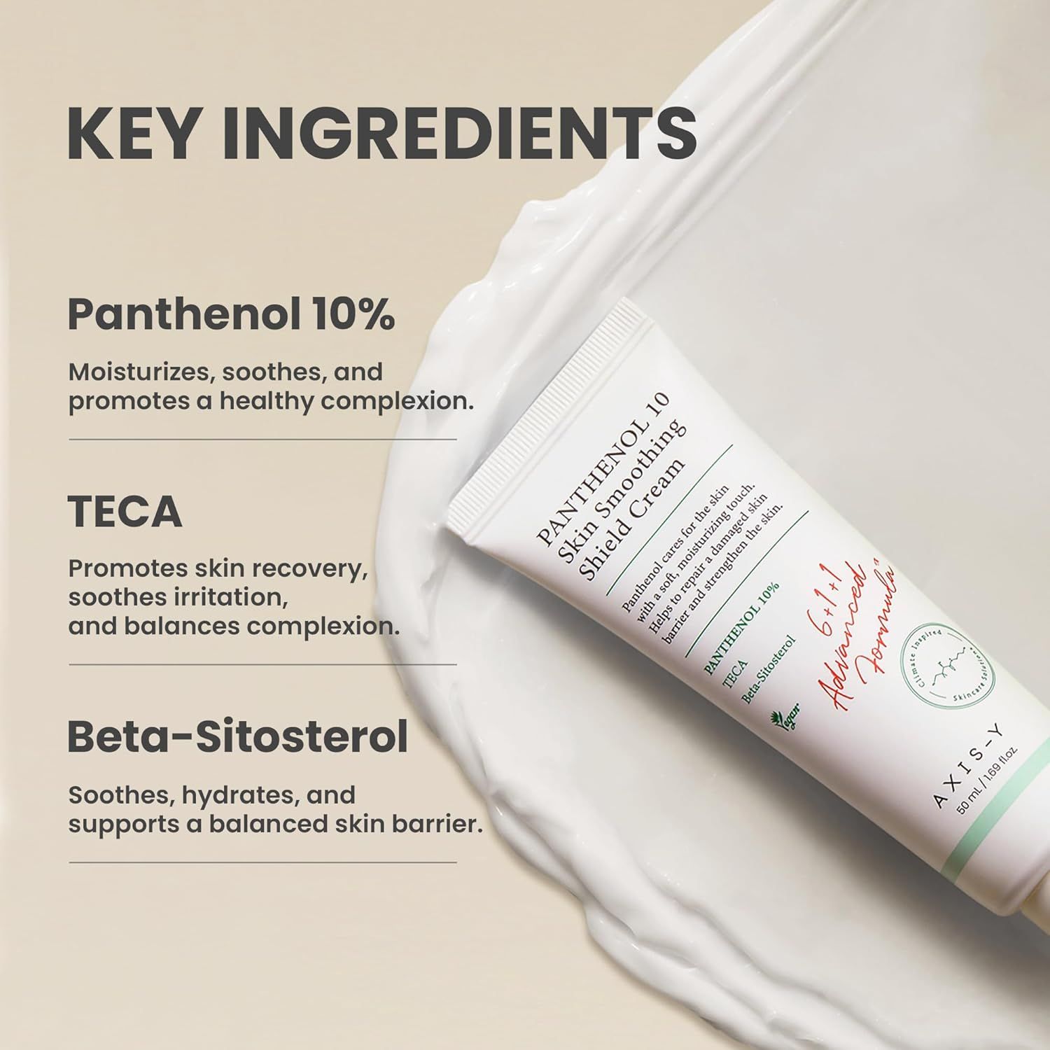 Tekst met ingrediënten: Panthenol 10%, TECA, Beta-Sitosterol. Tube 'Panthenol 10 Skin Smoothing'.