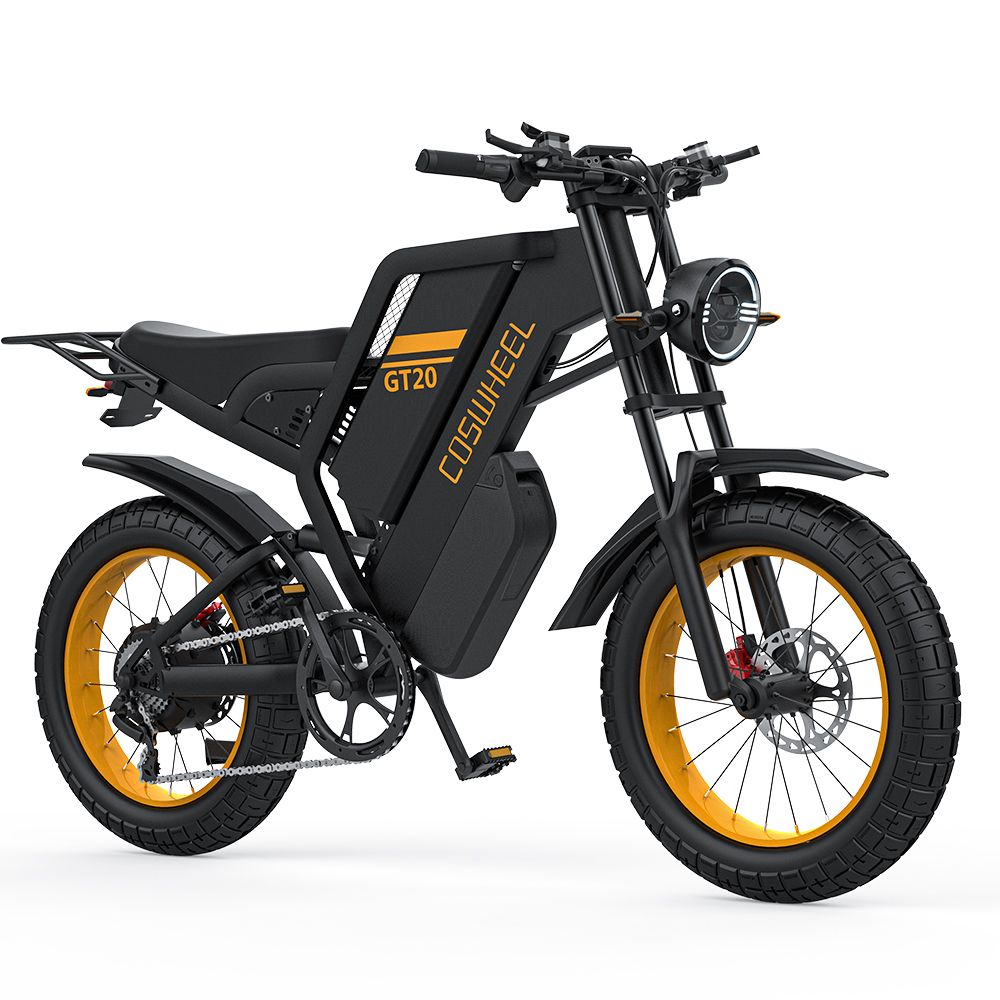 Vélo électrique noir, jantes jaunes. Inscription COSWHEEL GT20. Gros pneus, phare.
