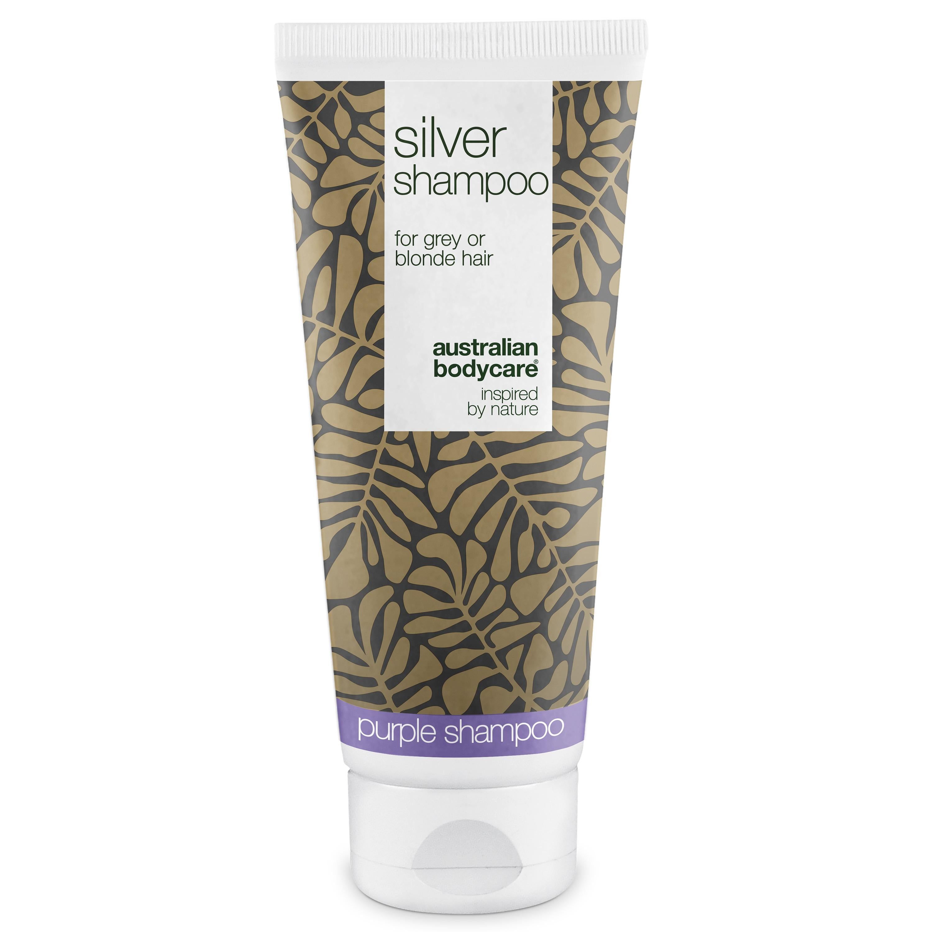 Tube de shampooing argenté pour cheveux gris ou blonds. Marque : Australian Bodycare.