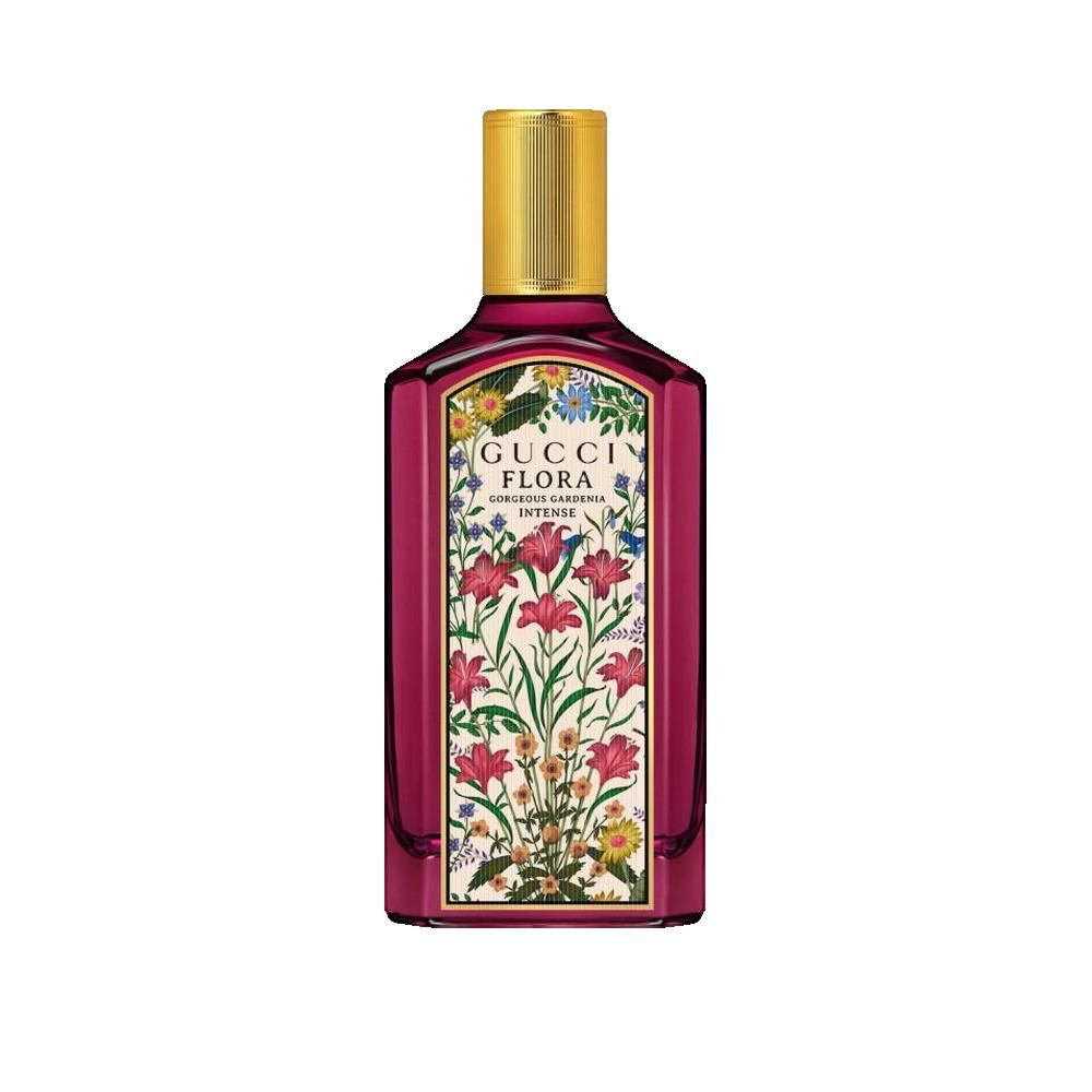 Flacon Gucci Flora Gardenia Intense Eau de Parfum. Flacon rouge, bouchon doré. Étiquette florale avec nom du produit.