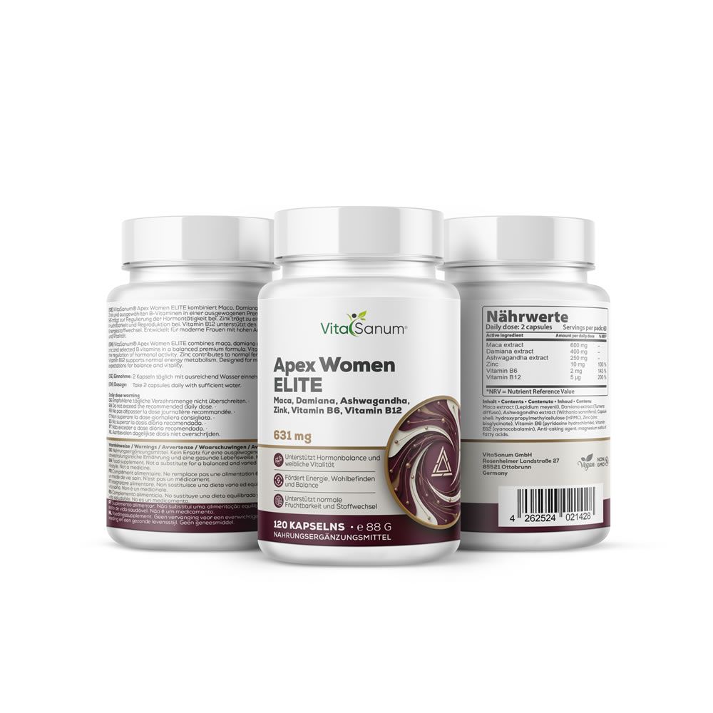 Trois boîtes de VitaSanum® Apex Women ELITE, une devant, deux derrière.