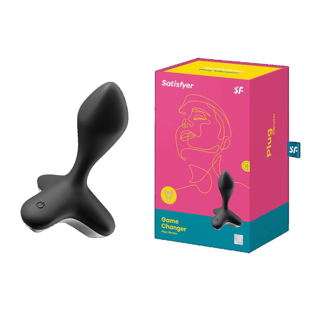 Vibrateur anal noir à côté d'un emballage. Emballage : rose, jaune, nom du produit, illustration. Vibrateur avec bouton d'alimentation, base argentée.