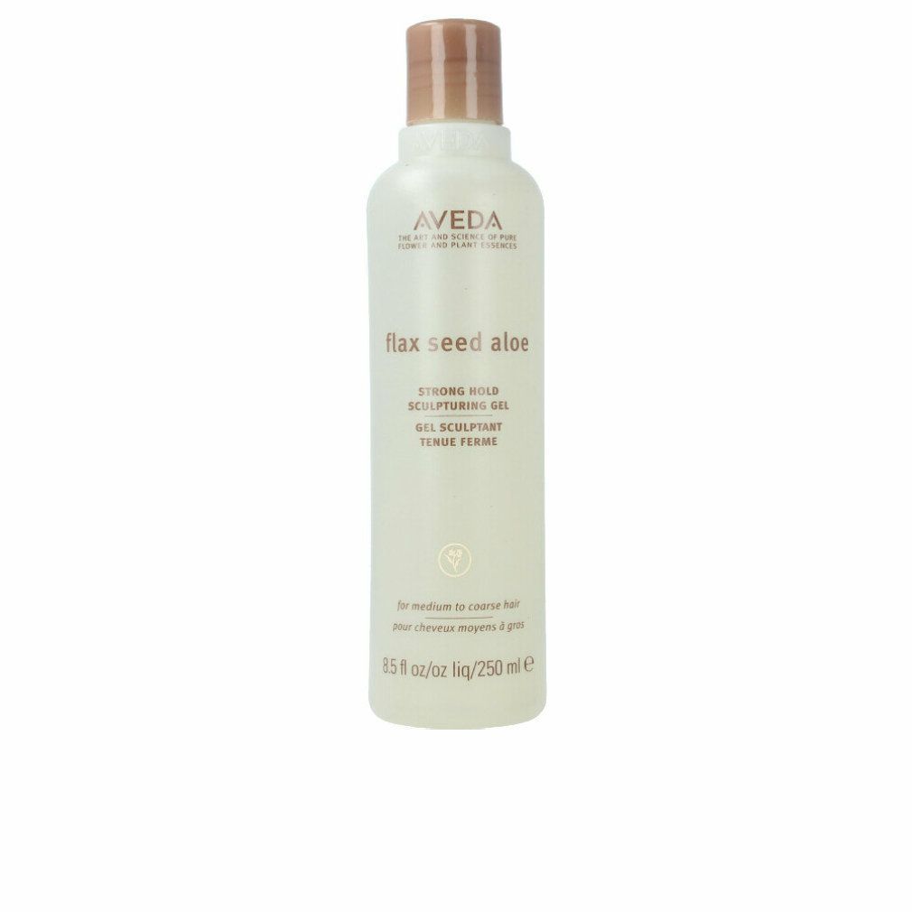 Aveda-haargel. Witte fles met bruine dop. Tekst: "flax seed aloe", "STRONG HOLD SCULPTURING GEL". 250 ml.