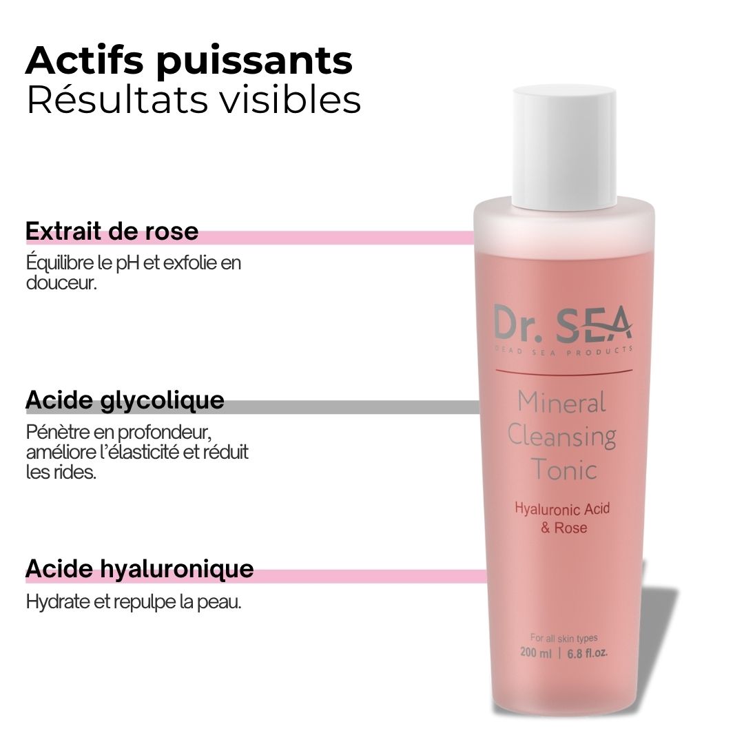 Flacon de tonique rose avec texte. Inscription : Dr. Sea, Mineral Cleansing Tonic, Acide Hyaluronique & Rose. 200 ml. Texte sur les avantages.