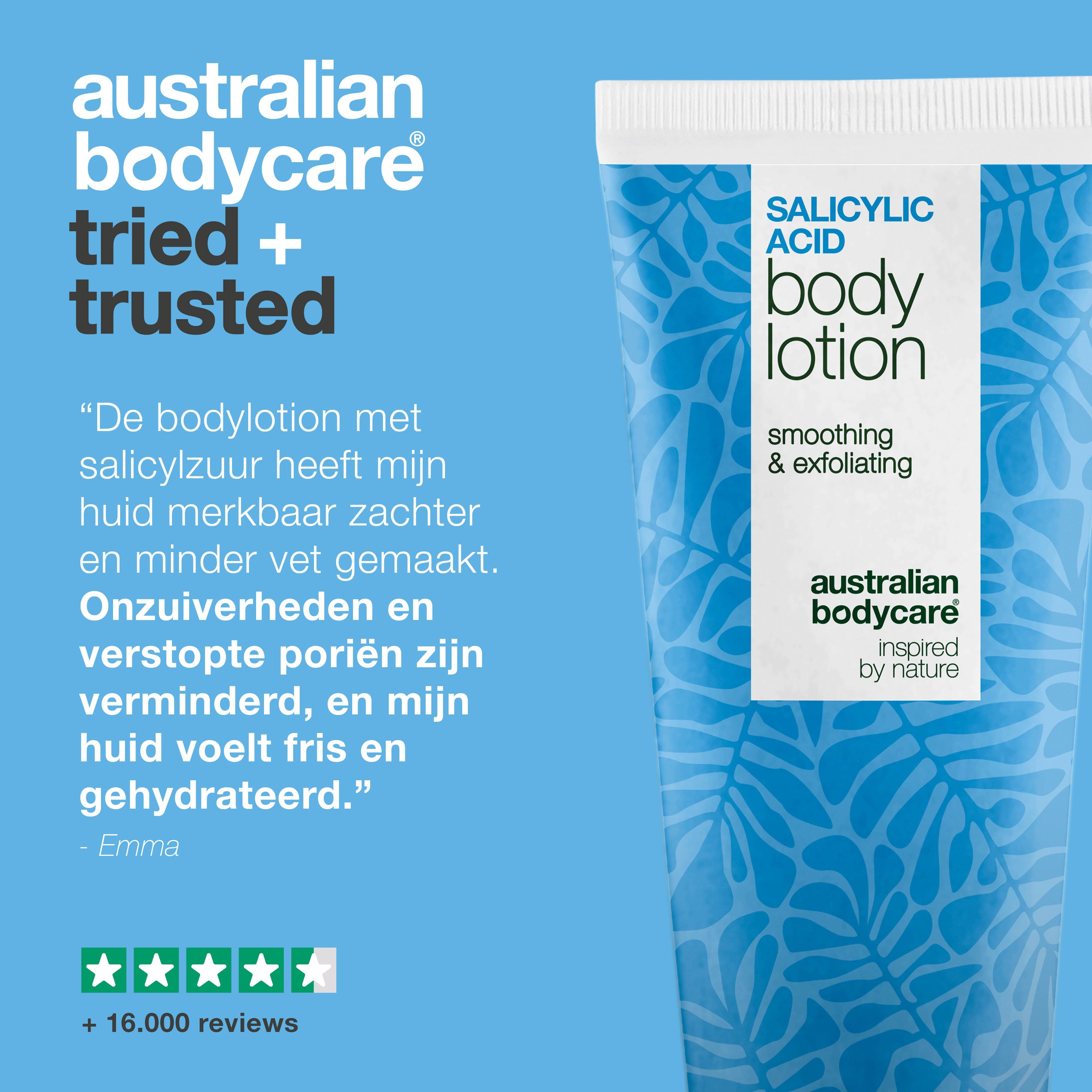 Advertentie. Tube bodylotion met salicylzuur. Tekst: getest, 100% recyclebare verpakking, hoogwaardige ingrediënten.