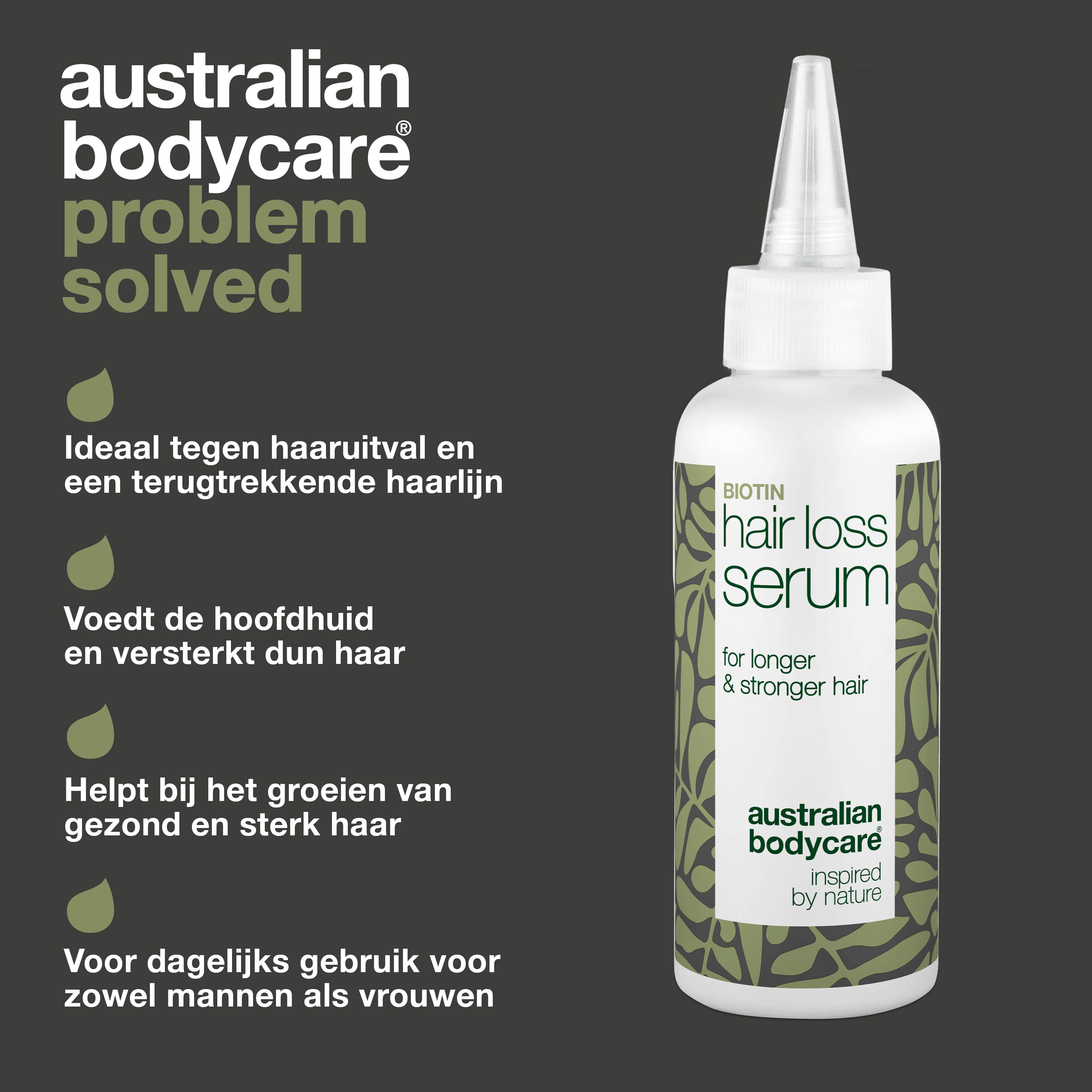 Serumflesje met "Hair Loss Serum". Merk: Australian Bodycare. Tekst: Probleem opgelost.