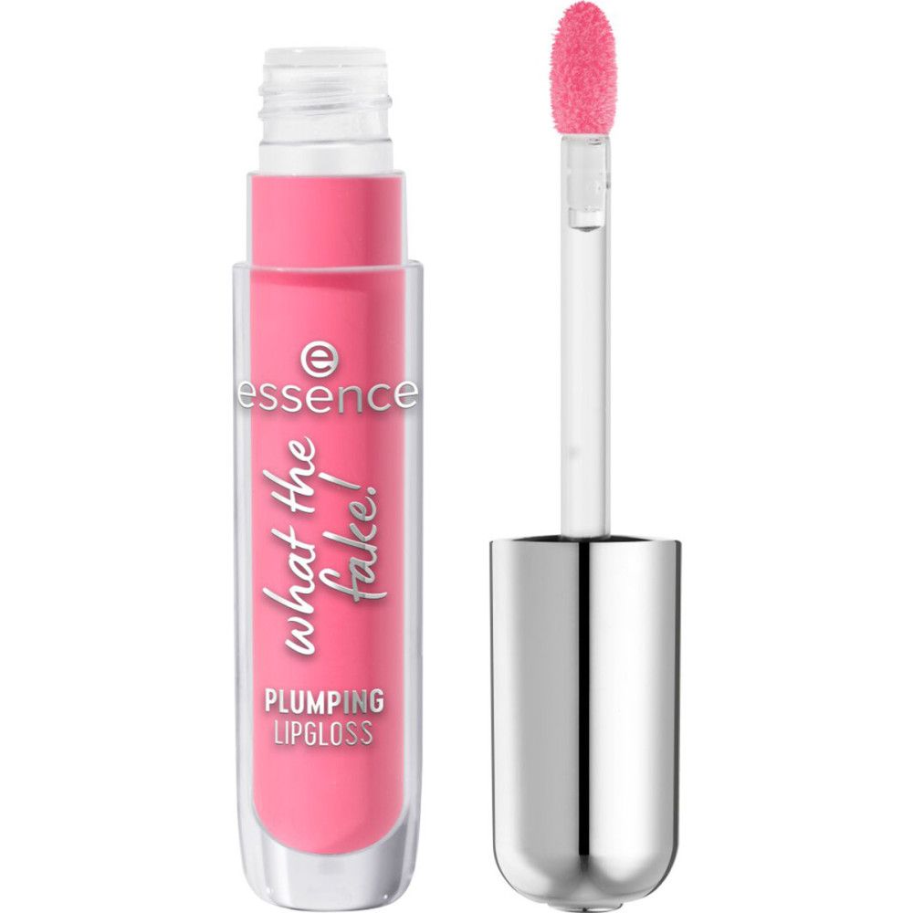 Gloss à lèvres ouvert avec applicateur. Inscription: Essence, What the Fake!, Plumping Lipgloss.