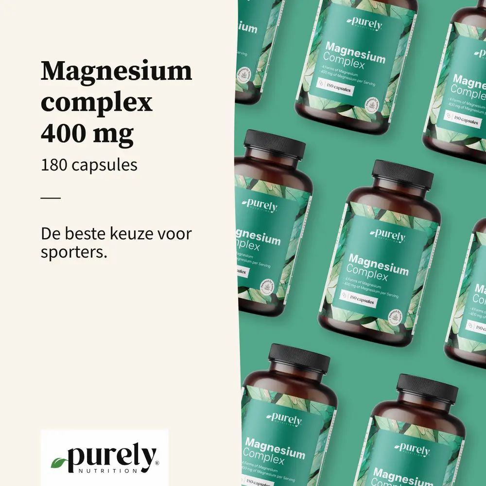 Meerdere flessen met etiket: Magnesium complex 400 mg, 180 capsules. Groen-wit etiket.