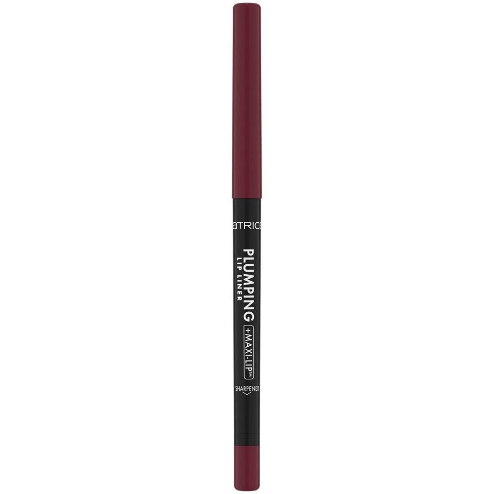 Catrice lipliner. Donkerrode potlood met zwarte schacht. Opschrift: Plumping + Maxilip. Geslepen potlood.