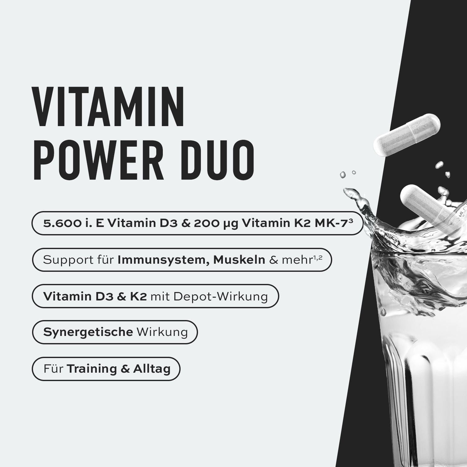 ESN Vitamine D3+K2: 'Vitamine Kracht Duo' met info over dosering, depot-werking en synergie. Glas water op achtergrond.