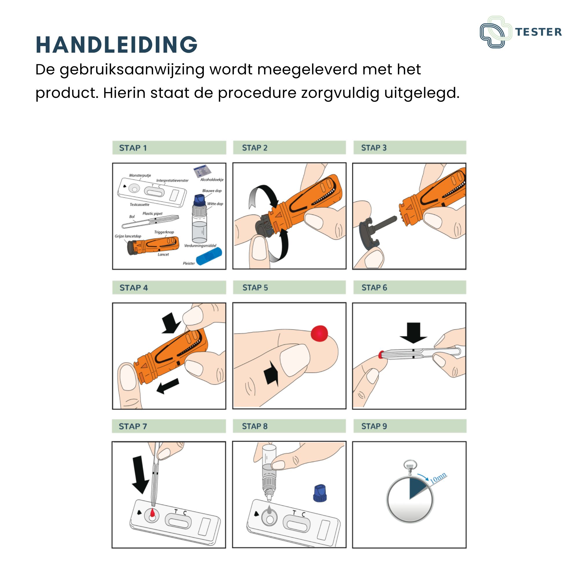 Instructions en neuf étapes pour effectuer un test. Comprend des illustrations des composants du test et de leur utilisation. Lancette orange.