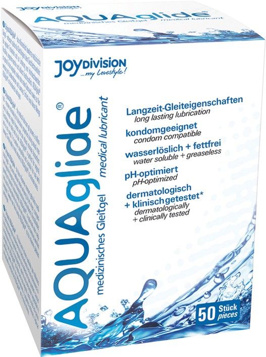 Emballage AQUAGLIDE gel lubrifiant, 50 pièces, design eau.