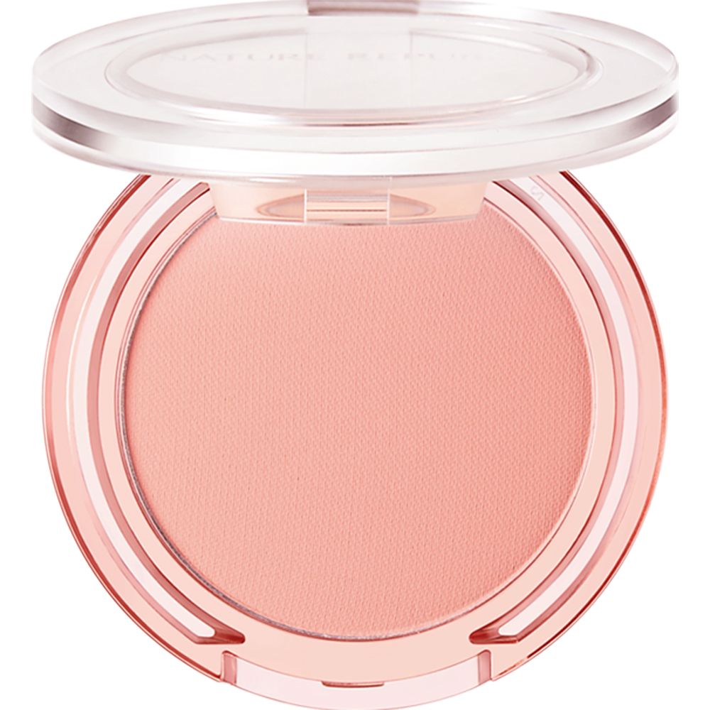 NATURE REPUBLIC By Flower Blusher. Récipient rond transparent avec contenu rose. Couvercle ouvert.