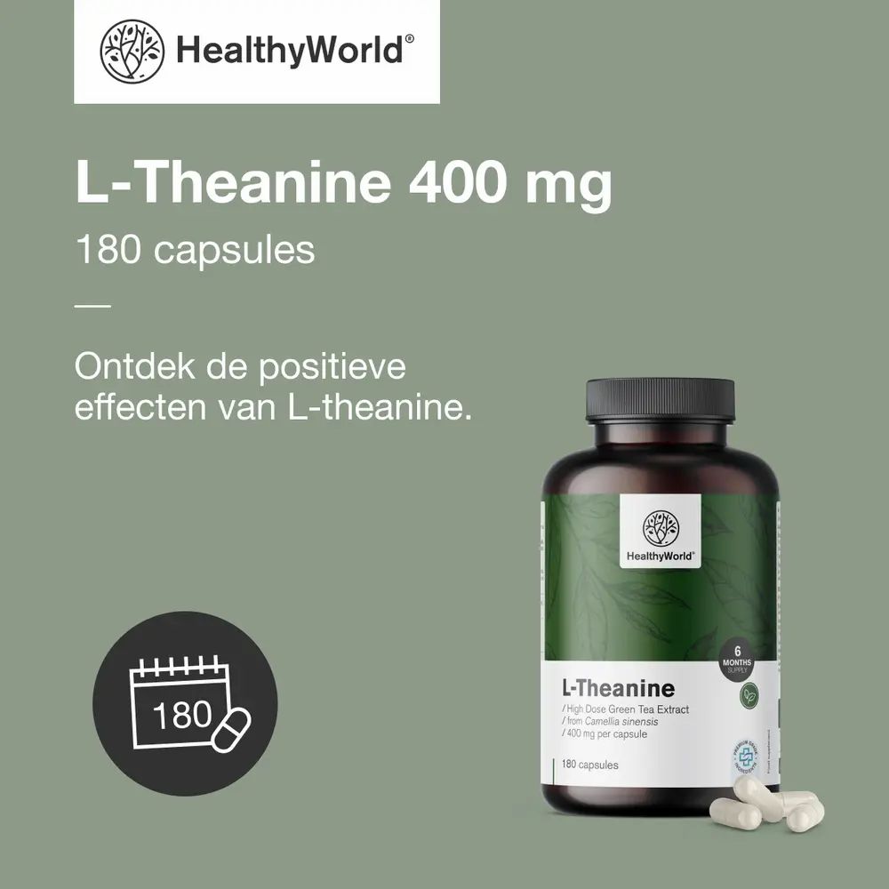 Fles met capsules. Opschrift: L-Theanine, 400 mg, 180 capsules. Merk: HealthyWorld. Tekst: 180 capsules.