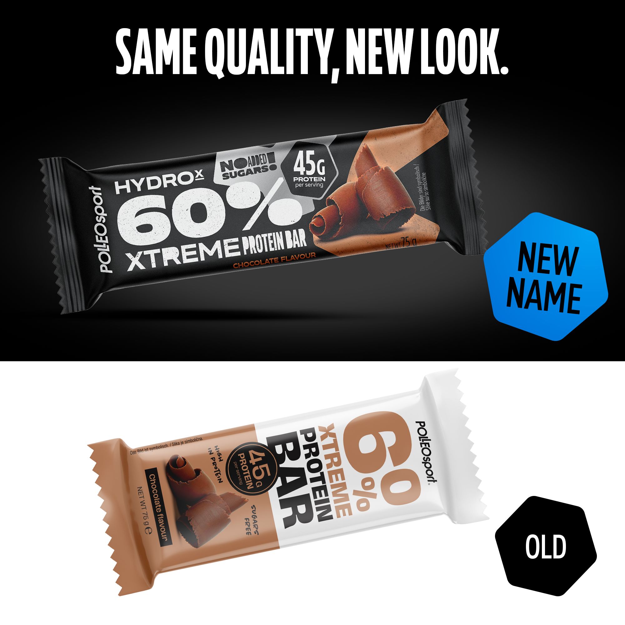 Twee eiwitrepen, één zwart, één wit. Beide met 60% eiwit, chocoladesmaak. Productnaam en logo. Bevat 45g eiwit. Suikervrij.