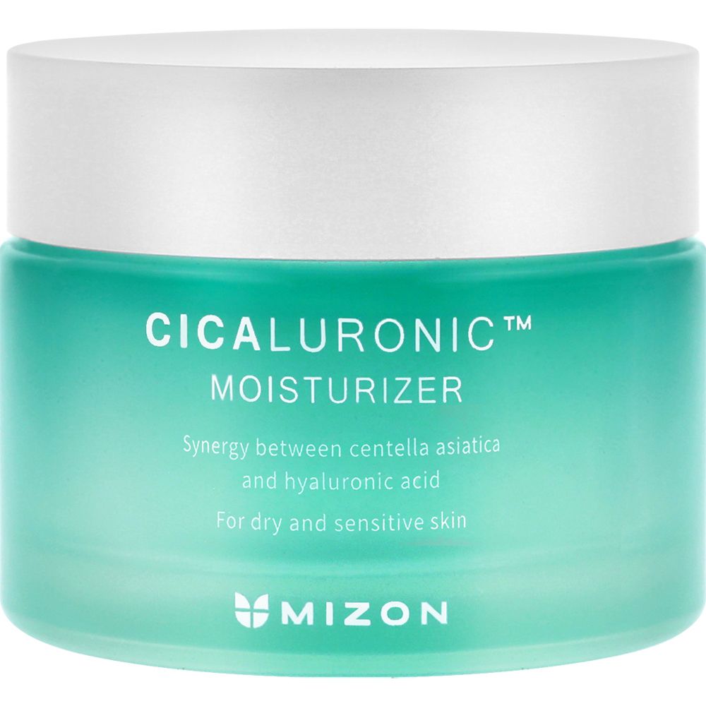 Turquoise pot met witte deksel. Opschrift: Cicaluronic Moisturizer, MIZON logo.