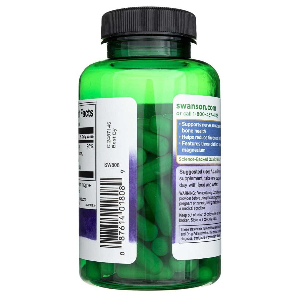 Arrière d'une bouteille Swanson Triple Magnesium Complex 400 mg, indiquant les avantages du produit et les instructions d'utilisation.