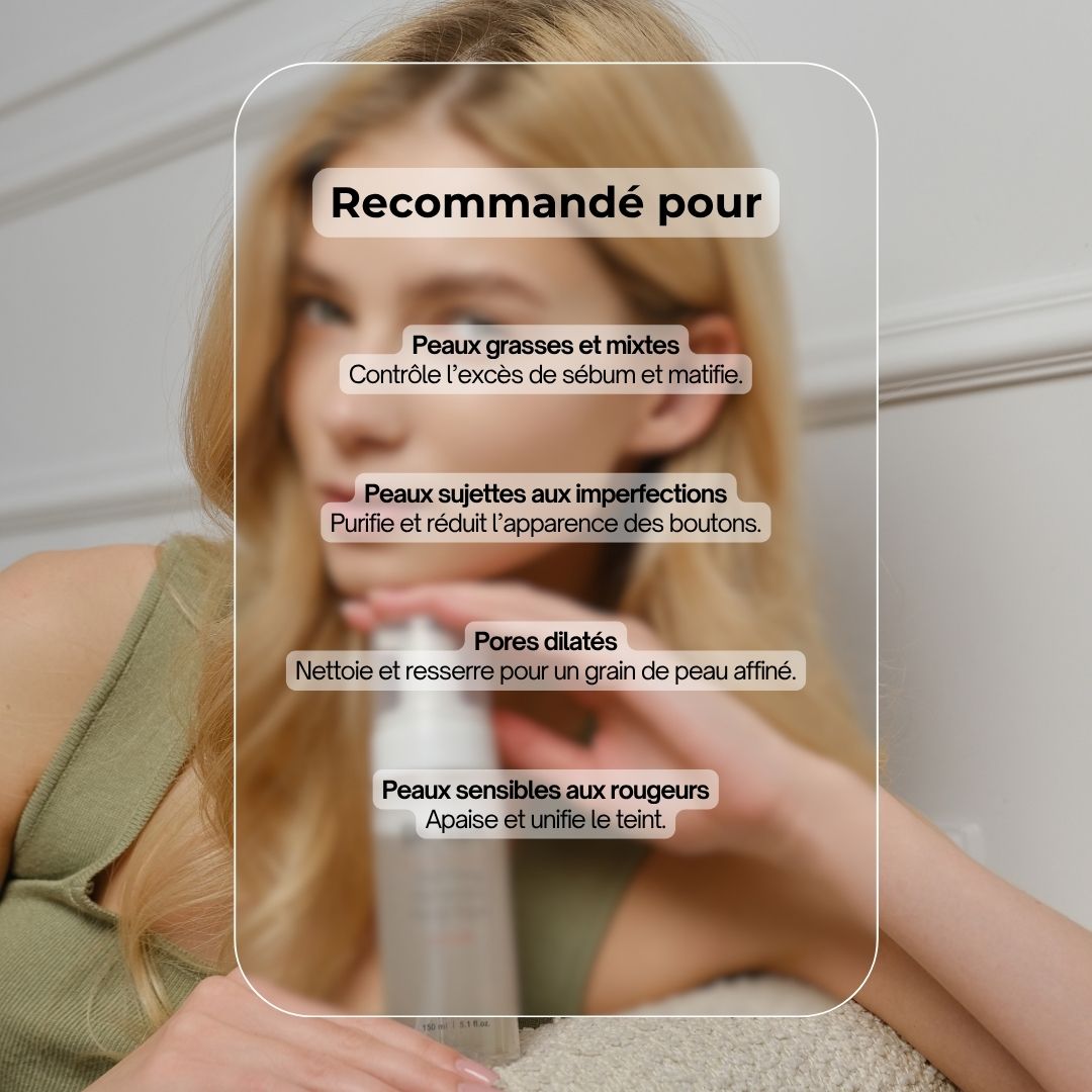 Image avant-après. Visage avec imperfections, puis peau claire. Texte : Apaise l'inflammation, etc.