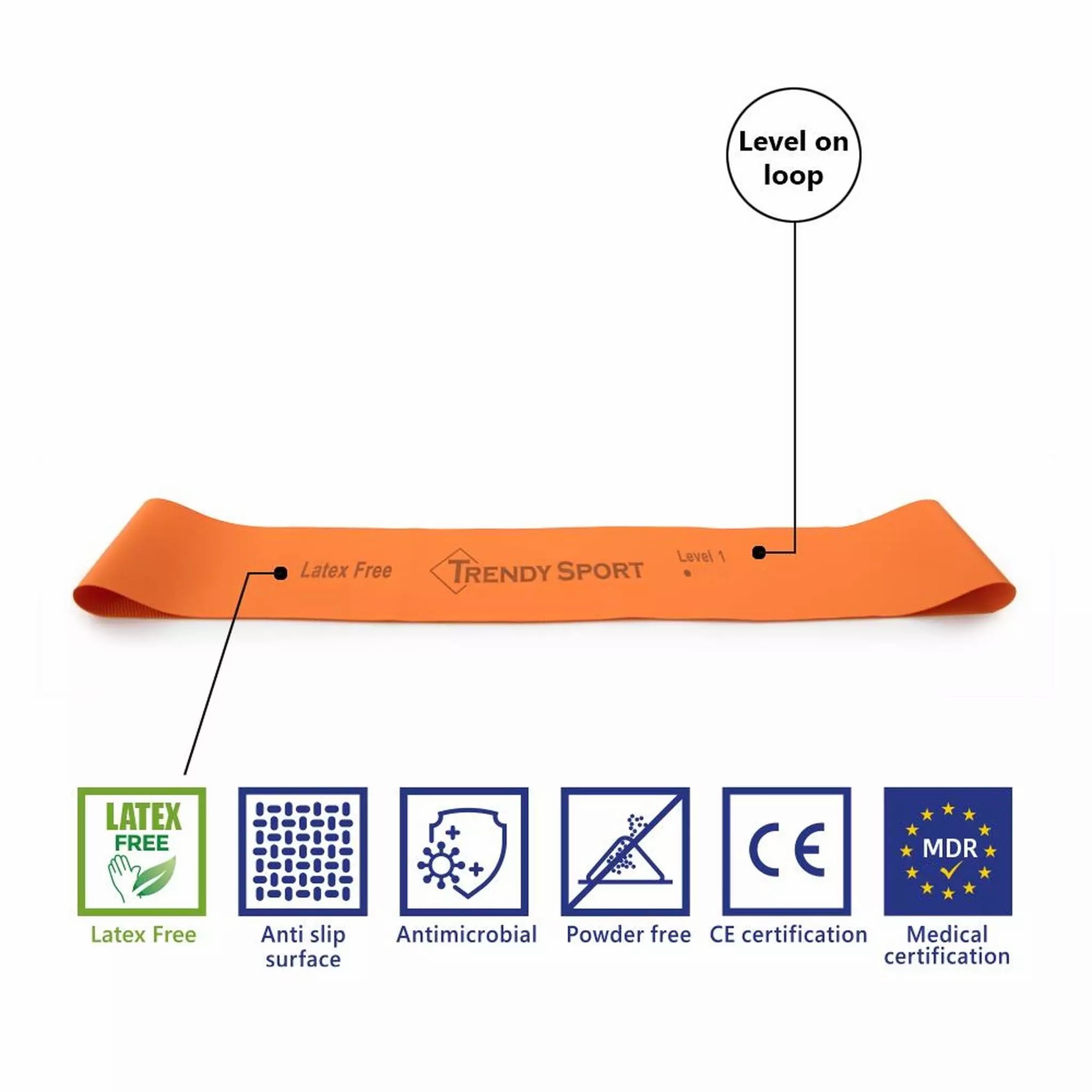 Oranje weerstandsband met 'TRENDY SPORT'. Latex- en poedervrij. Met certificeringen.