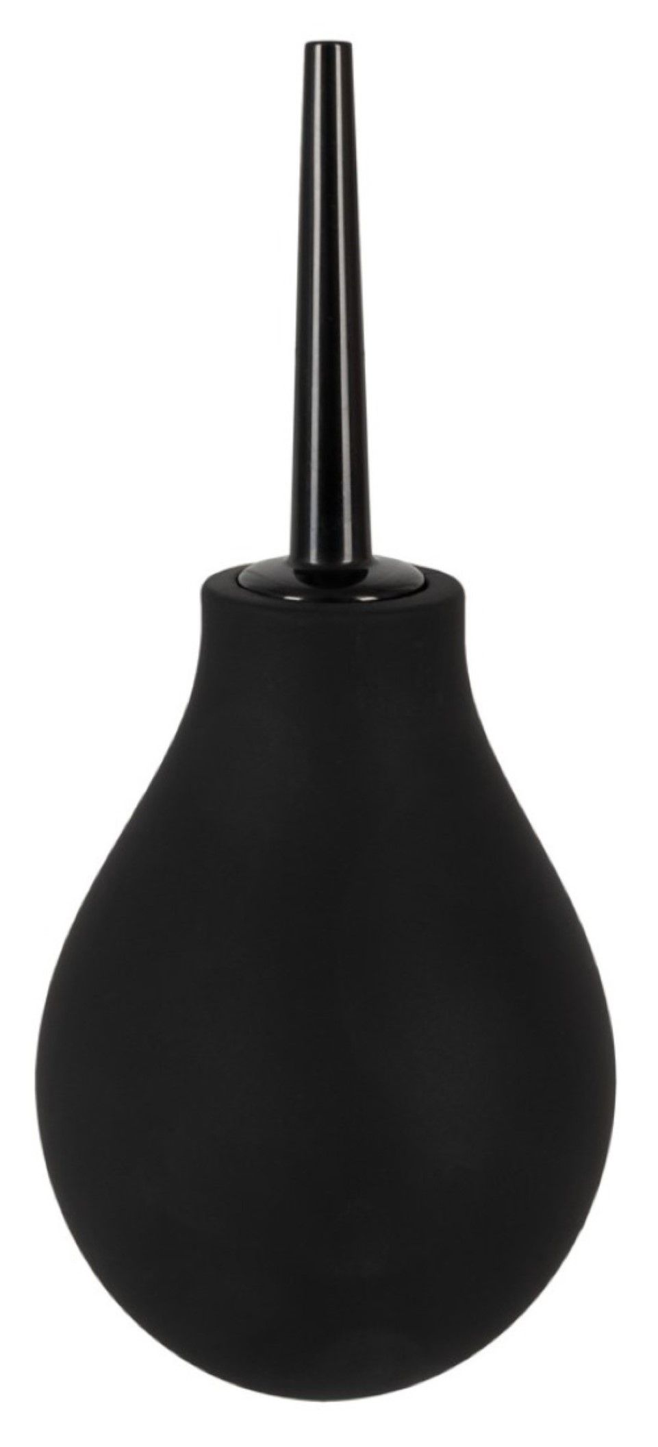 Poire à lavement noire avec embout conique. Corps en forme de poire, surface lisse. Embout en plastique.