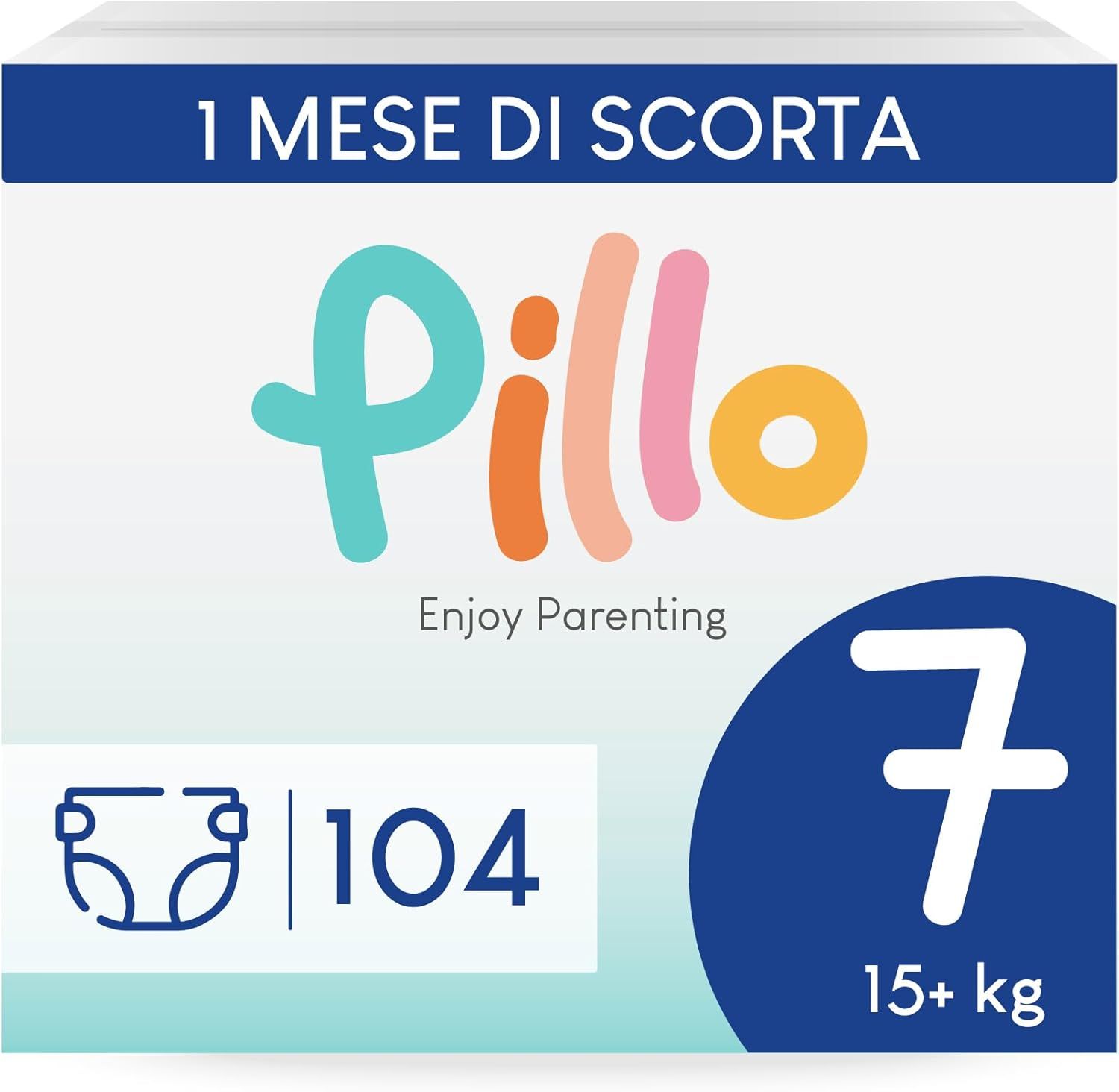 Verpakking Pillo luiers maat 7 XXL. Opschrift: 104 stuks, 15+ kg. Logo en tekst Pillo.