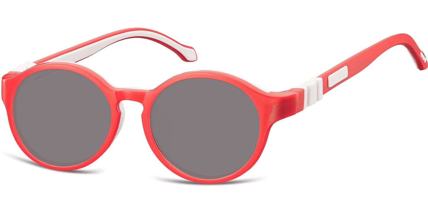Lunettes de soleil rouges, verres ronds gris, branches blanches. Fermont Kindersonnebrille.