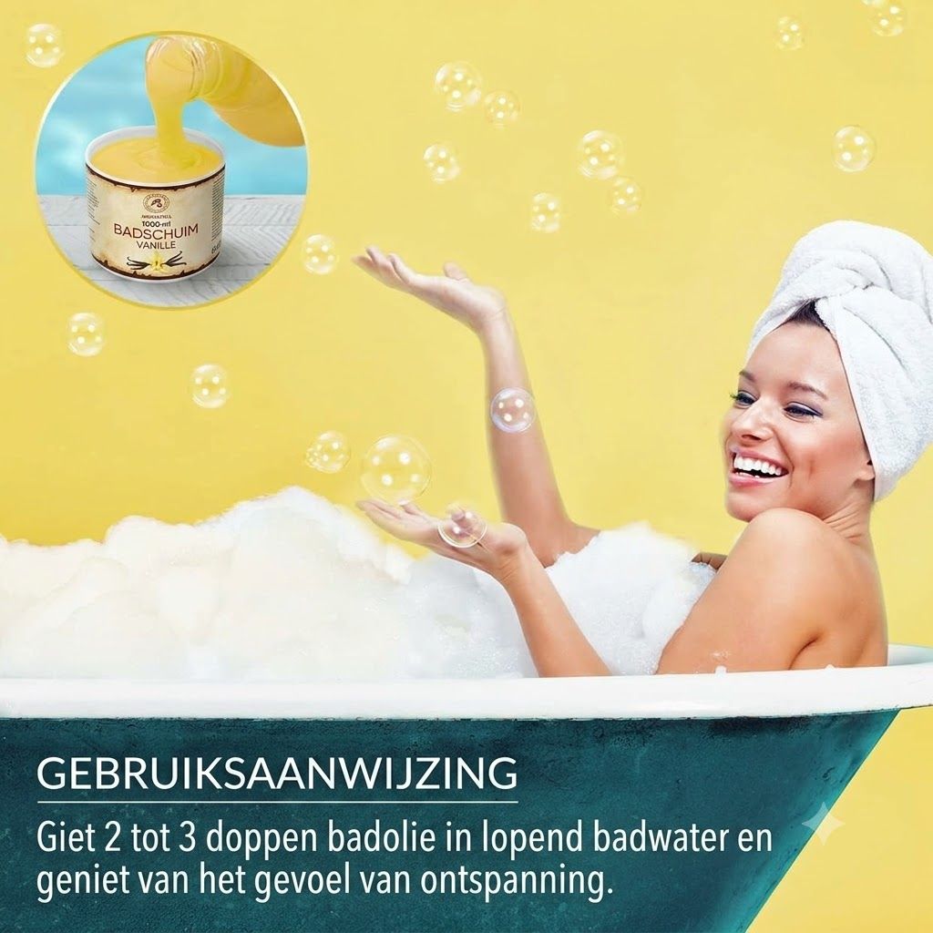 Een bakje gele vanille badschuim dat in een badkuip wordt gegoten.