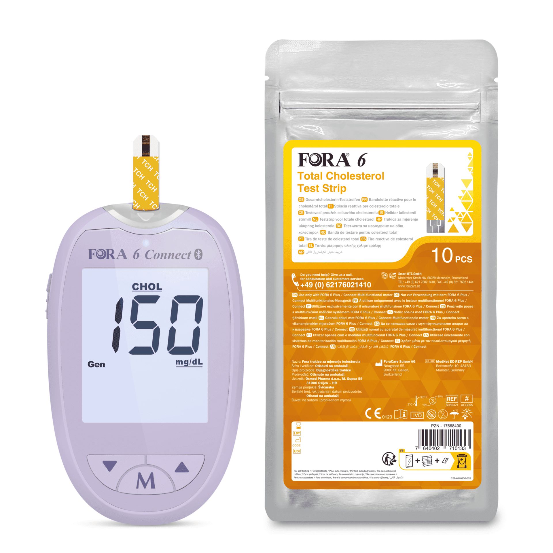 Paars cholesterolmeter met teststripverpakking. Toont 150 mg/dL.