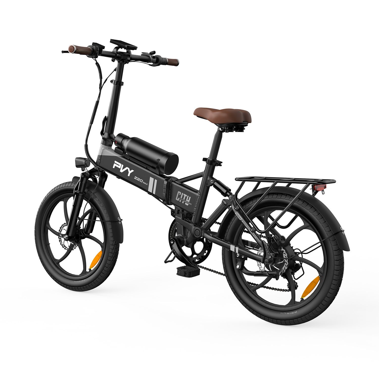 Vélo électrique noir avec selle marron, porte-bagages et batterie. Inscription PVY Z20 MAX.