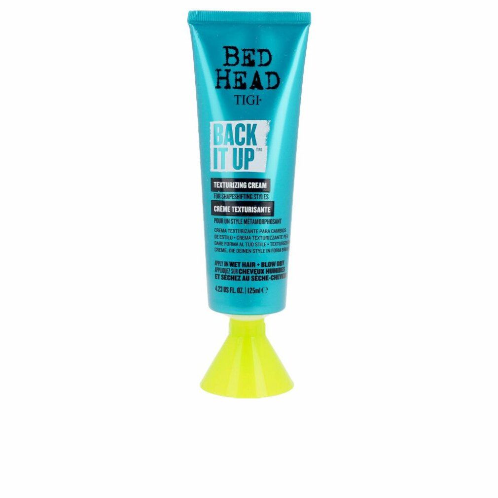 Tube turquoise avec pied jaune. Inscription: Bed Head TIGI Back It Up Texturizing Cream. 125ml.